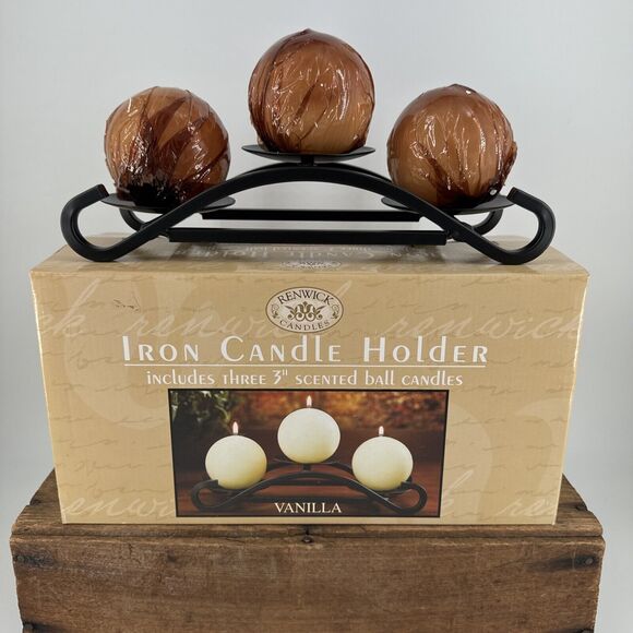 Iron Candle Holder Renwick Candles w/3 Vanilla Scented Ball Candles 11”Wx4.24”L - Picture 1 of 11